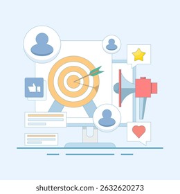 ad targeting concept. vector illustration about custom audience remarketing campaign, business and search ad targeting, social media. mobile marketing. flat design illustration.