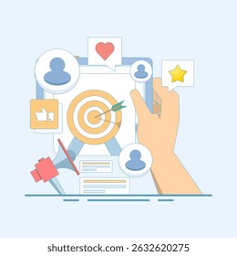 ad targeting concept. vector illustration about custom audience remarketing campaign, business and search ad targeting, social media. mobile marketing. flat design illustration.