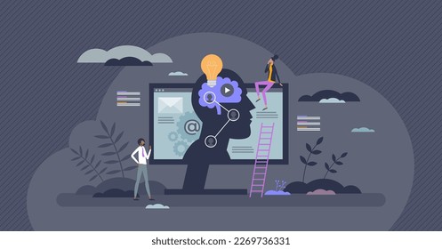 Ad tech or advertising technology with AI content creator tiny person concept. Automated commerce strategy using artificial intelligence tools for social media post publishing vector illustration.