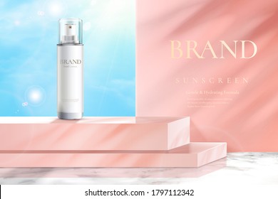 Ad template for beauty product, feminine concept, bottle mock-up set on pink square podium in 3d illustration