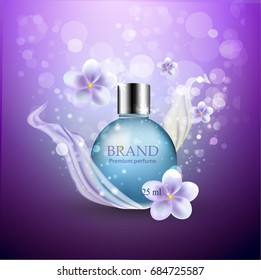 Ad template bottle of perfume. Advertising poster with flowers