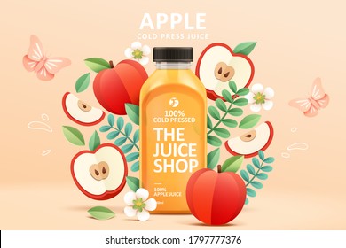 Ad template for cold-pressed apple juice, 3D illustration with colorful paper cut design