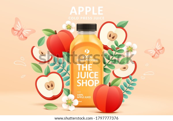 Ad template for cold-pressed\
apple juice, 3D illustration with colorful paper cut\
design