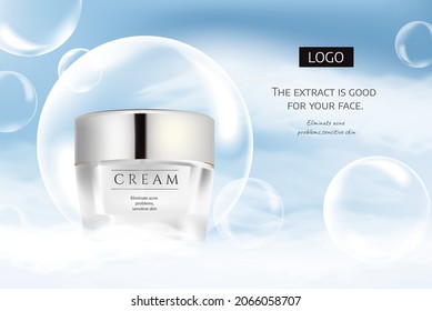 Ad template for cream and skincare product, bottle mock-up set on blue sky and cloud  in 3d illustration.