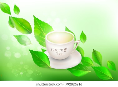 ad template a cup of green tea with leaves on a blurred background