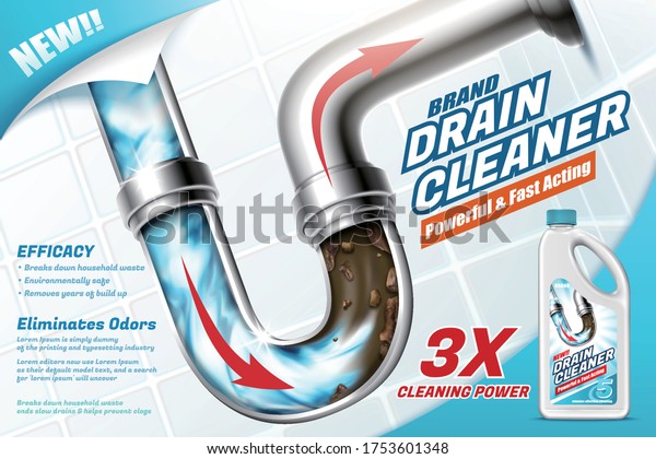 Ad template for drain\
cleaner, with powerful chemical agent unclogging dirty water pipe,\
3d illustration