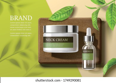 Ad Template For Face Essence And Cream, Top View Of Realistic Products Displayed On Wooden Plate With Green Tea Leaves, 3d Illustration