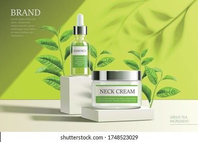 Ad template for face essence, serum, lotion and cream, realistic products displayed on pedestals with green tea seedlings, 3d illustration