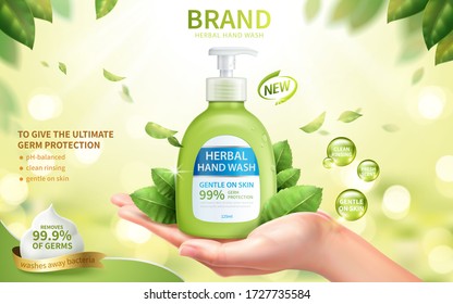 Ad template of fresh herbal hand wash, realistic female hand in open palm gesture with dispenser bottle, 3d illustration