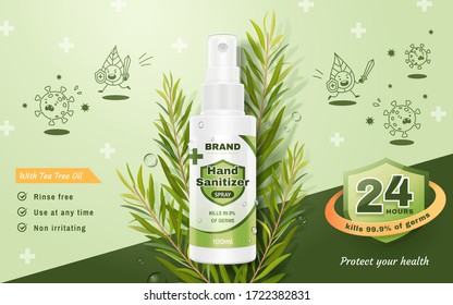 Ad Template Of Hand Sanitizer Spray, Realistic Spray Bottle Decoration With Tea Tree Leaves And Cute Flat Illustrations Of Germs, 3d Illustration