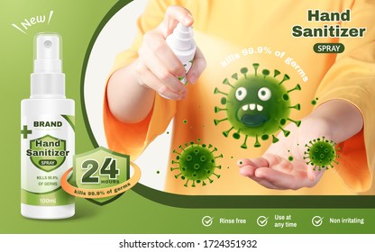 Ad Template Of Hand Sanitizer Spray, Realistic Young Woman Sanitize Her Hands With Hand-washing Spray To Prevent Diseases, 3d Illustration