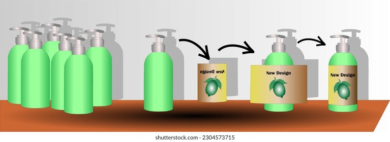 Ad template for hand washing and liquid soap, view of bottle and lemon in background, vector illustration