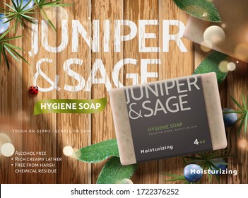 Ad template of herbal hygiene soap, realistic soap mock-up set on wooden table with sage leaves, juniper leaves and fruit, 3d illustration