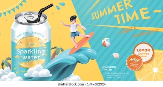 Ad template of lemon sparkling water, with cute boy surfing beside soda can, concept of summer beverage, 3d illustration