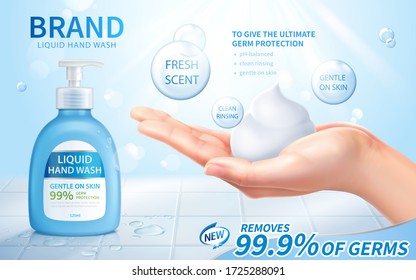 Ad Template Of Liquid Hand Wash, Realistic Female Hand In Open Palm Gesture With Creamy Lather, 3d Illustration