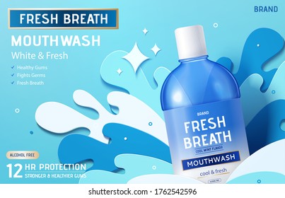 Ad template for mouth wash or oral rinse, bottle mock-up with blue paper cut waves, 3d illustration