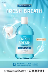 Ad template for mouth wash or oral rinse, giant bottle mock-up with bubbles and palm tree shadows, 3d illustration