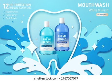 Ad template for mouth wash or oral rinse, bottle mock-ups with molar shaped frame and paper cut waves, 3d illustration