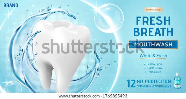 Ad template for mouth wash or oral rinse,\
with giant white molar surrounded by bubbles and blue splashing\
water, 3d illustration