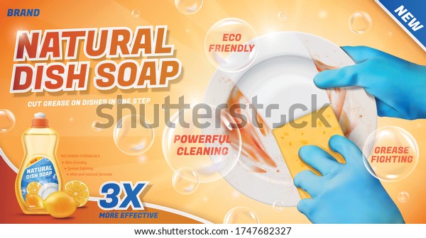 Ad template\
for natural dish soap, with hands in blue gloves using sponge to\
wash dirty dish, 3d\
illustration