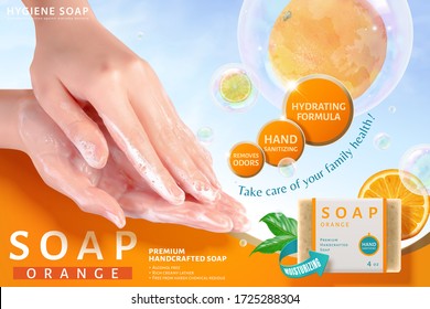 Ad Template Of Orange Soap, Realistic Young Woman Lathering Hands By Rubbing Them Together With Creamy Lather, 3d Illustration