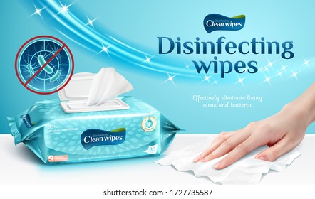 Ad template or package design for cleaning wipes, female hand using wet wipe to clean the table, 3d illustration