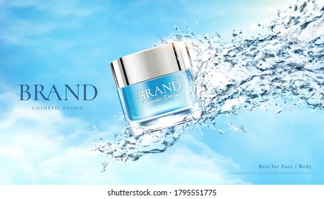 Ad template for refreshing beauty product, jar mock-up with water splashing effect, 3d illustration