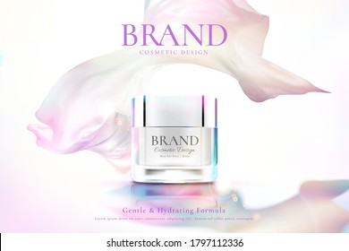 Ad template for refreshing face cream, product mock-up with flying rainbow chiffon in 3d illustration