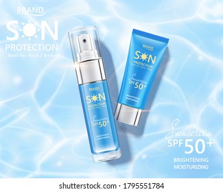 Ad template for refreshing sunscreens, background of rippled water in swimming pool, 3d illustration