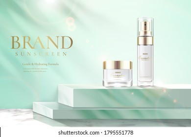 Ad template for simple skin care product, product mock-ups set on green square podium in 3d illustration