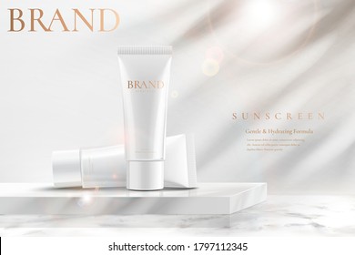 Ad template for simple skin care product, tube mock-ups set on white marble square podium in 3d illustration