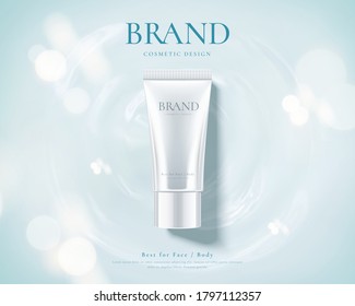 Ad template for simple skin care product, tube mock-up set on pure white cream ripple in 3d illustration