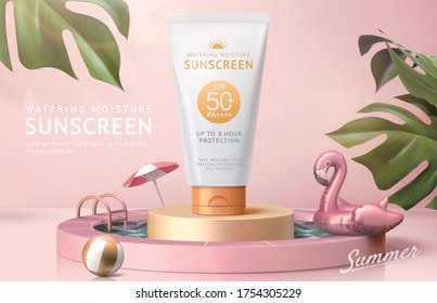 Ad template for summer products, sunscreen tube mock-up displayed on podium in swimming pool, 3d illustration
