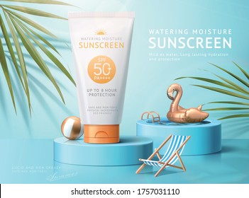 Ad template for summer products, sunscreen tube mock-up displayed on podium with swimming pool and palm leaves, 3d illustration - Shutterstock ID 1757031110