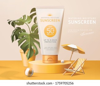 Ad template for summer products, sunscreen tube mock-up displayed on yellow podium with potted monstera, 3d illustration - Shutterstock ID 1759705256
