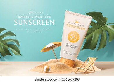 Ad template for summer products, sunscreen tube mock-up displayed on sand pile with monstera leaves, 3d illustration