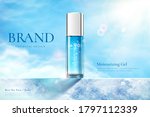 Ad template for summer skincare product, bottle mock-up set on blue frozen platform in 3d illustration, concept of after sun cooling