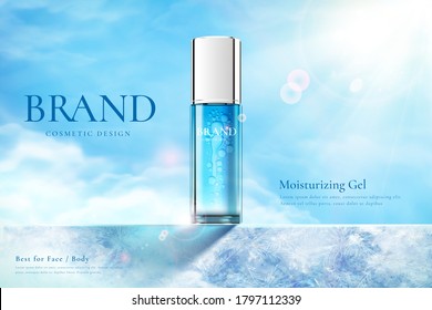 Ad Template For Summer Skincare Product, Bottle Mock-up Set On Blue Frozen Platform In 3d Illustration, Concept Of After Sun Cooling