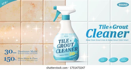 Ad template for tile cleaner, before and after detergent cleaning effect with bottle mock-up in the middle, 3d illustration