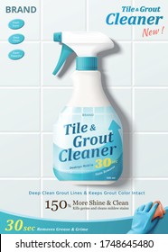 Ad template for tile and grout cleaner with bottle mock-up set in the middle, 3d illustration