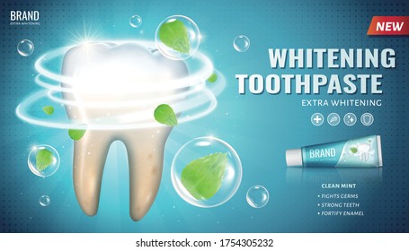 Ad template for toothpaste and other oral care products, with giant tooth model and whitening effect, 3d illustration