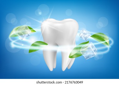 Plantilla de anuncios para pasta dental y otros productos de cuidado oral, con modelo de dientes gigantes, cubos de hielo y hojas de menta. Efecto blanqueador dinámico, ilustración vectorial 3d realista