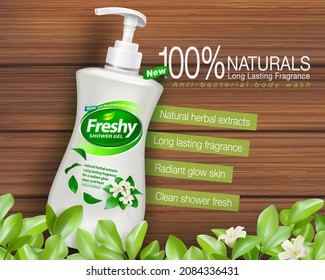Ad templates for shower gels and liquid soaps Natural extracts, fresh scent, prevent germs and bacteria. Placed on a dark wooden floor in foreground leaves and flowers.