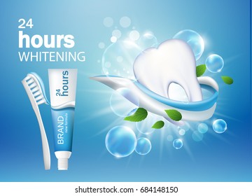 ad toothpaste whitening vector background. White tooth with shine effect