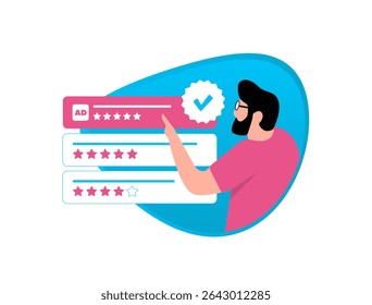 Pontuações de confiança de anúncio - usuário que avalia anúncios patrocinados com base em classificação, pontuação de confiança de anúncio e comentários. Ênfase e transparência e credibilidade no marketing digital moderno. Ilustração vetorial