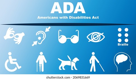 ADA, Americans with Disabilities Act. Concept with keywords, letters and icons. Colored flat vector illustration. Isolated on a light blue background. Vector illustration