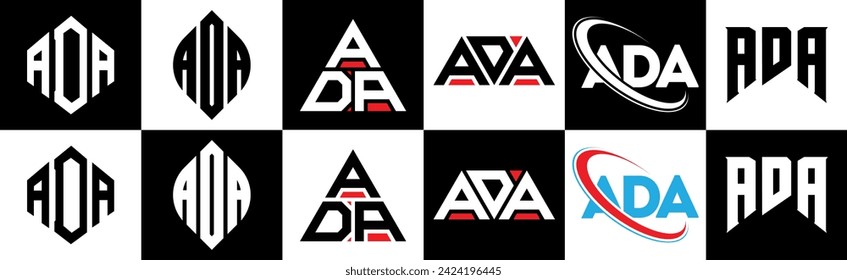 ADA letter logo design in six style. ADA polygon, circle, triangle, hexagon, flat and simple style with black and white color variation letter logo set in one artboard. ADA minimalist and classic logo