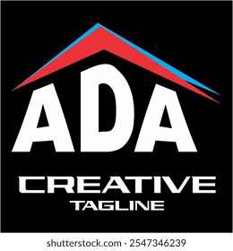 ADA letter vector and basic red blue line shape of mountain icon, black background.