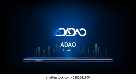 Adadao crypto currency token symbol come out from smartphone. Coin icon on dark background. Trading cryptocurrency in stock market on application. For website or banner. Vector illustrator.