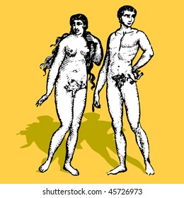 Adam and Eva cartoon vector illustration retro God creation